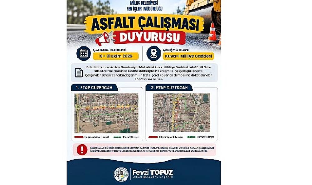 Kuva-İ Milliye Caddesi'nde ger&ccedil;ekleştirilecek asfalt &ccedil;alışmaları &ouml;ncesinde vatandaşlara duyuru