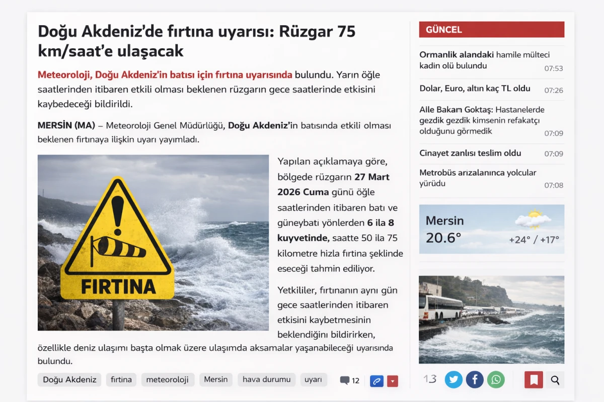 Doğu Akdeniz&rsquo;de fırtına uyarısı: R&uuml;zgar 75 km/saat&rsquo;e ulaşacak