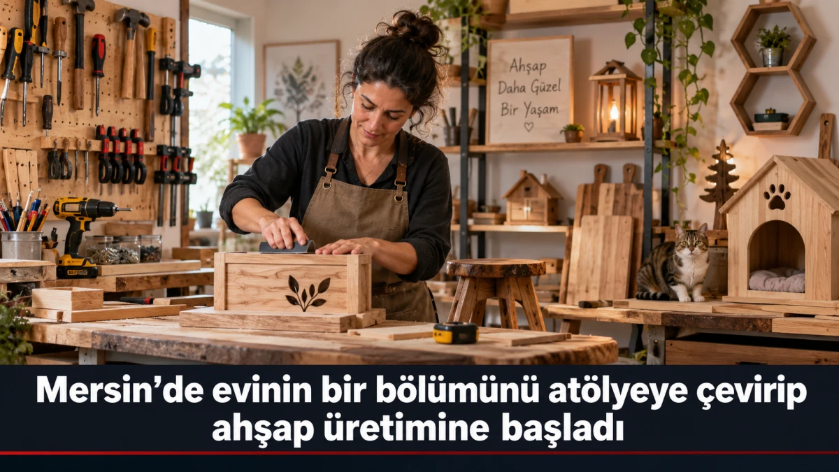 Mersin&rsquo;de evinin bir b&ouml;l&uuml;m&uuml;n&uuml; at&ouml;lyeye &ccedil;evirip ahşap &uuml;retimine başladı.
