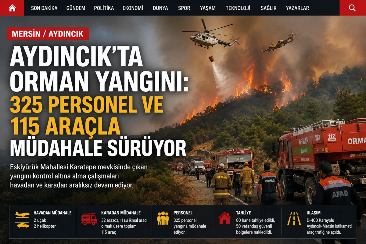 Mersin&rsquo;in Aydıncık il&ccedil;esindeki orman yangınına 325 personelle m&uuml;dahale ediliyor
